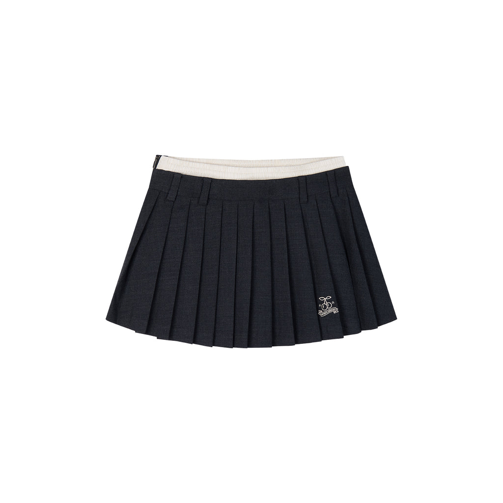 Cherry Embroidered Faux Layered Pleated Skirt