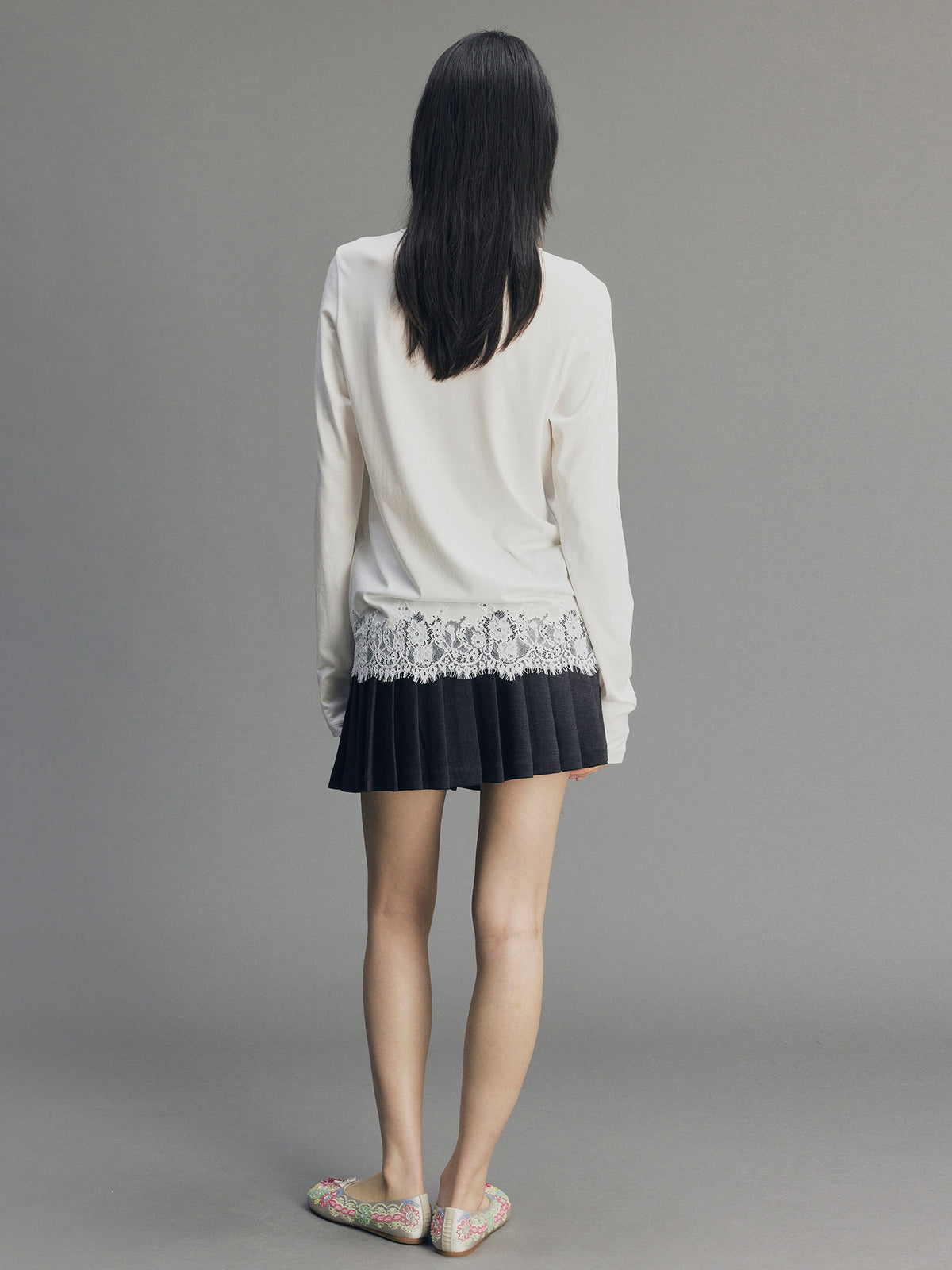 Cherry Embroidered Faux Layered Pleated Skirt