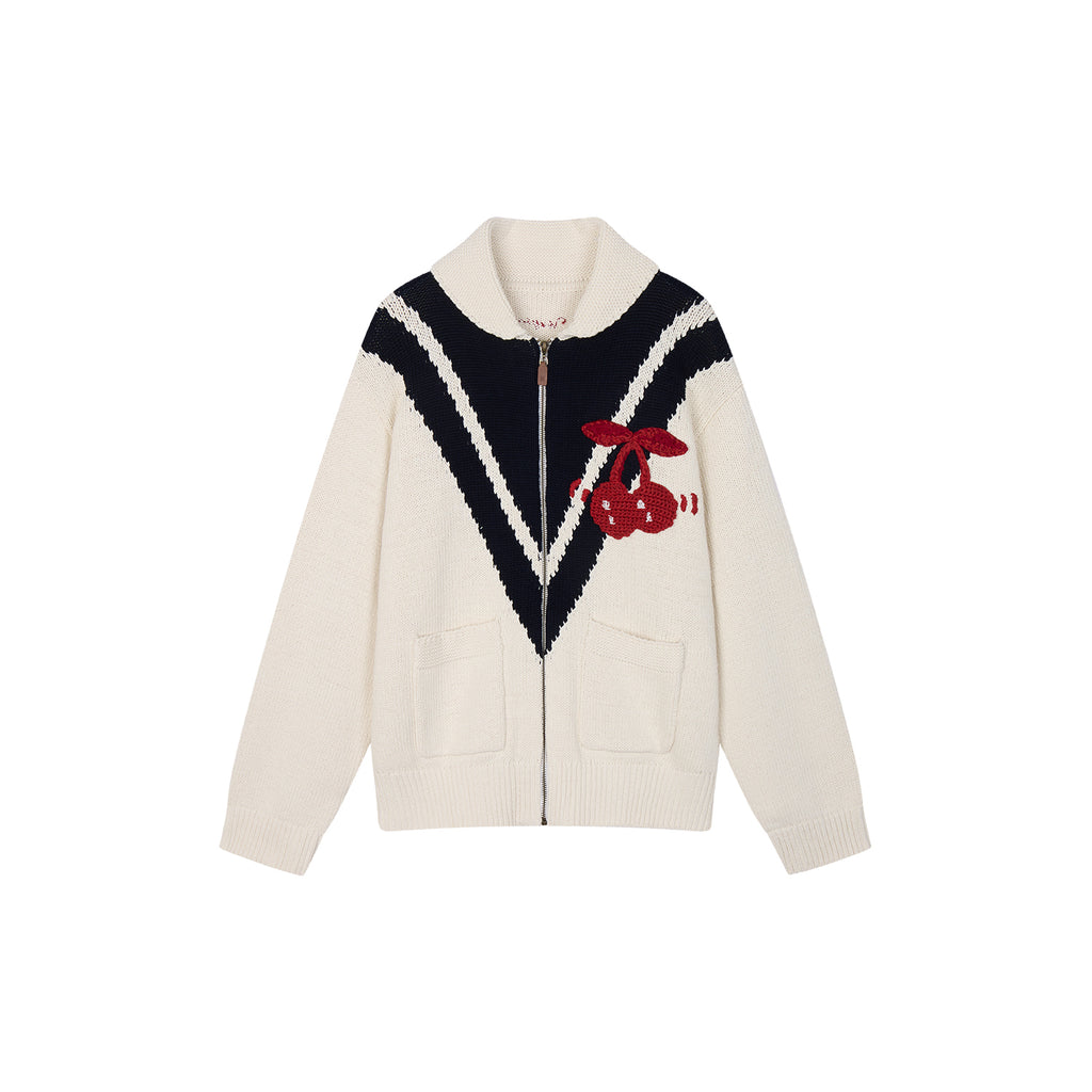 Handcrafted Sporty Cherry Sleigh-Collar Cardigan