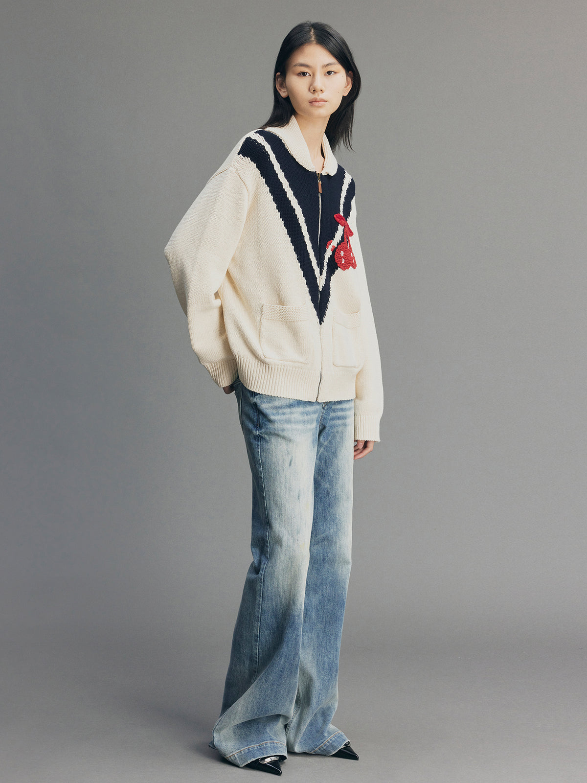 Handcrafted Sporty Cherry Sleigh-Collar Cardigan