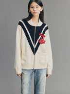 Handcrafted Sporty Cherry Sleigh-Collar Cardigan