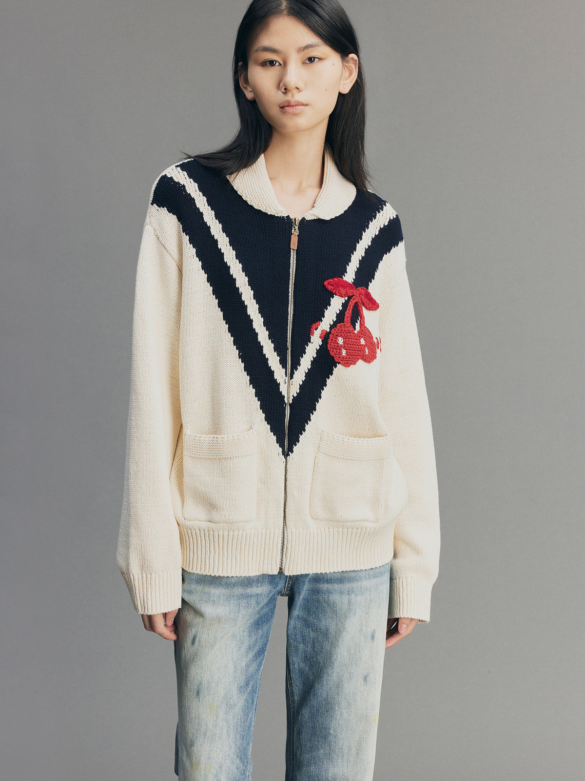 Handcrafted Sporty Cherry Sleigh-Collar Cardigan
