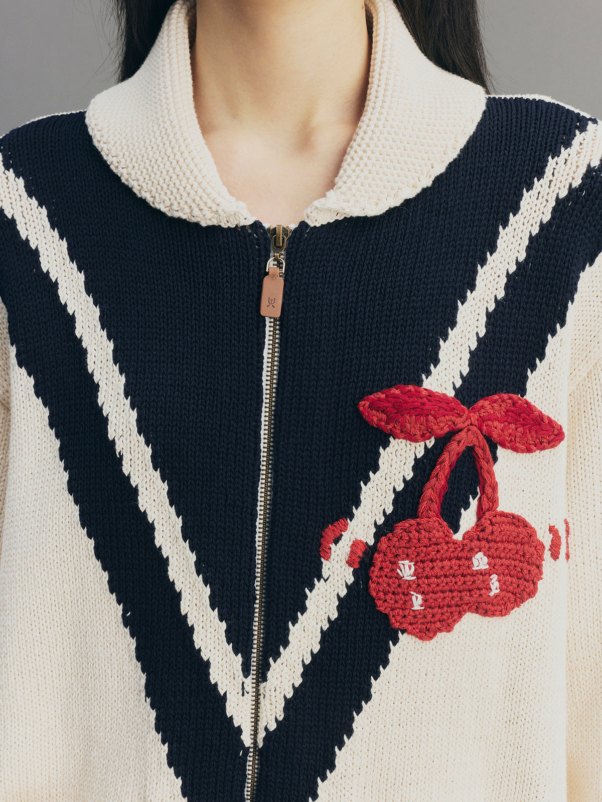 Handcrafted Sporty Cherry Sleigh-Collar Cardigan
