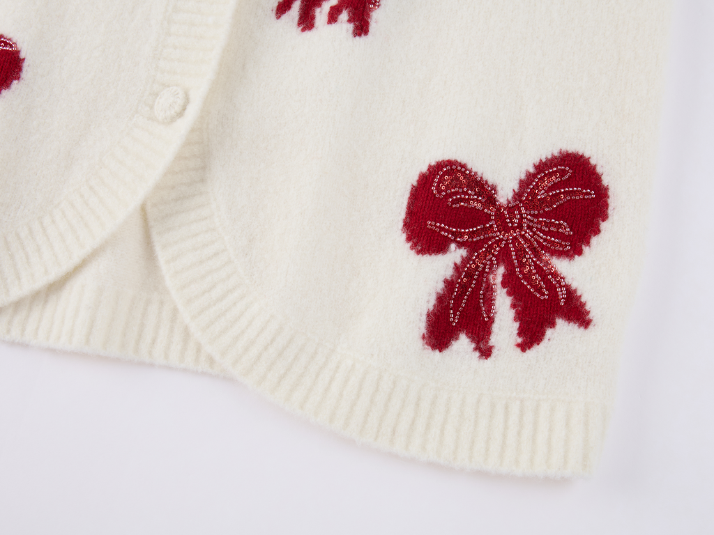 Beaded Bow Embroidered Mohair Knit Cardigan