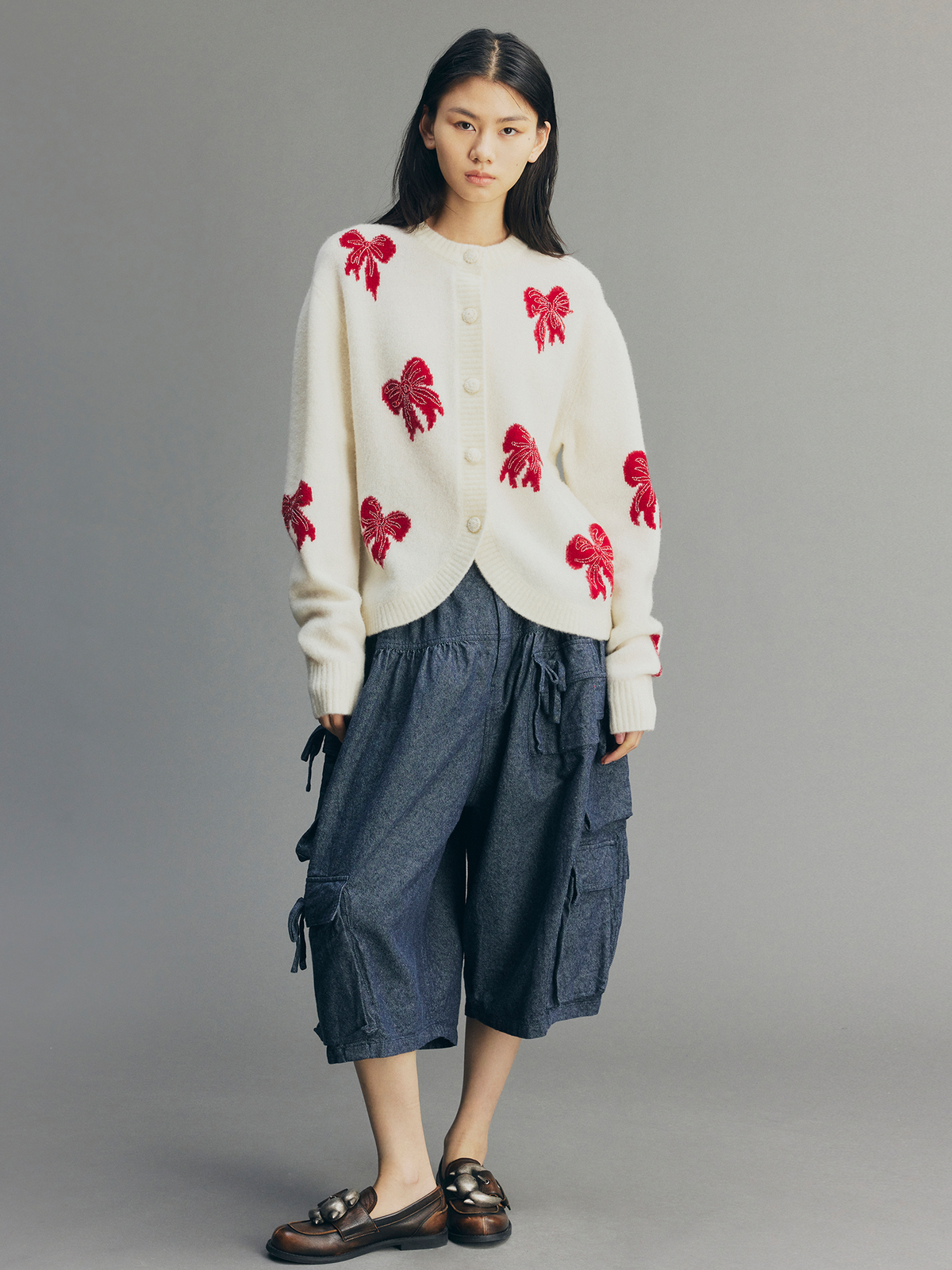 Beaded Bow Embroidered Mohair Knit Cardigan