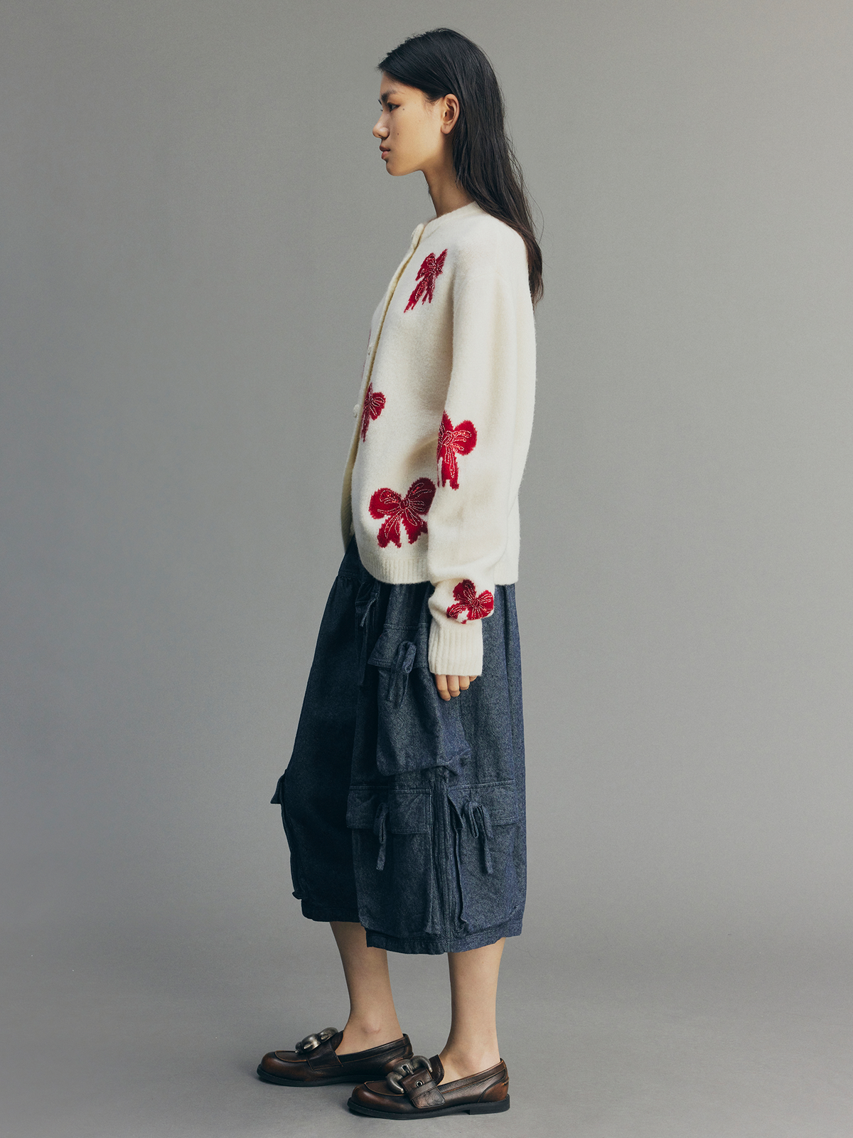 Beaded Bow Embroidered Mohair Knit Cardigan