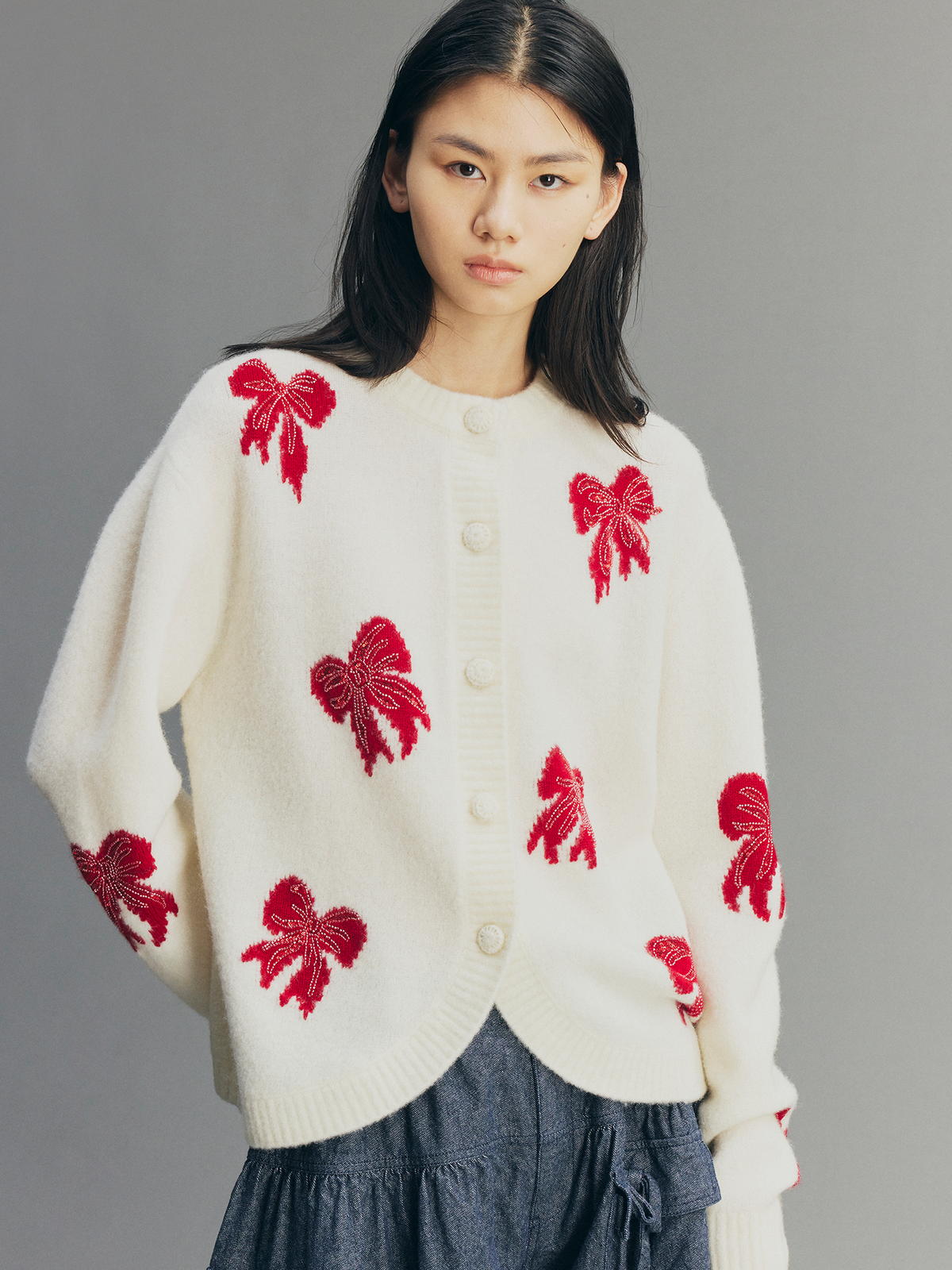 Beaded Bow Embroidered Mohair Knit Cardigan