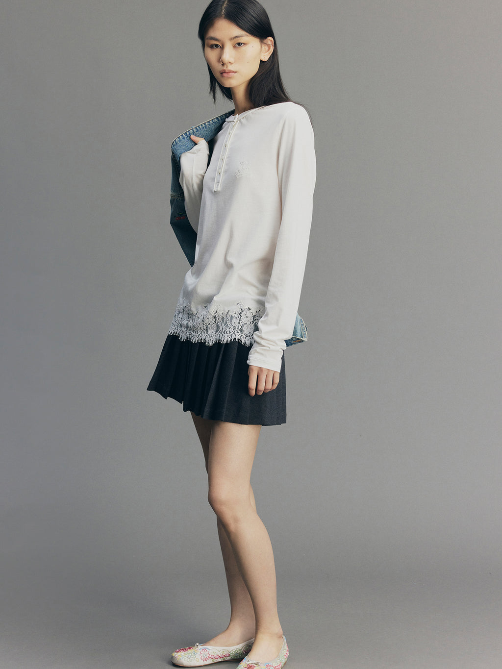 Sporty Cherry Embroidered Henley-Neck Sweatshirt