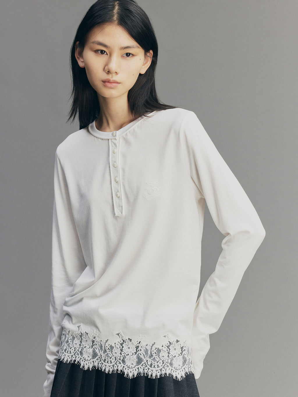 Sporty Cherry Embroidered Henley-Neck Sweatshirt