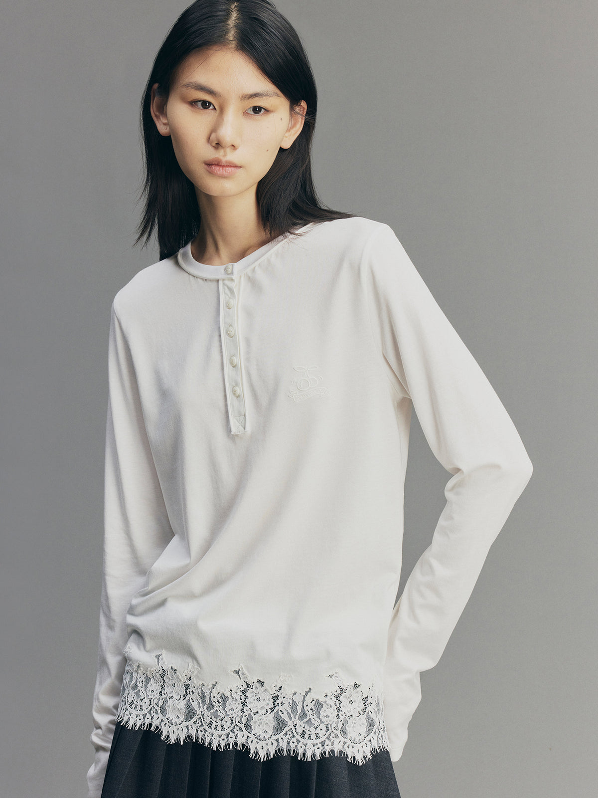 Sporty Cherry Embroidered Henley-Neck Sweatshirt