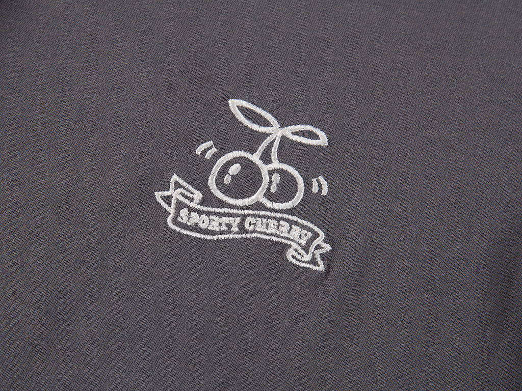 Sporty Cherry Embroidered Henley-Neck Sweatshirt
