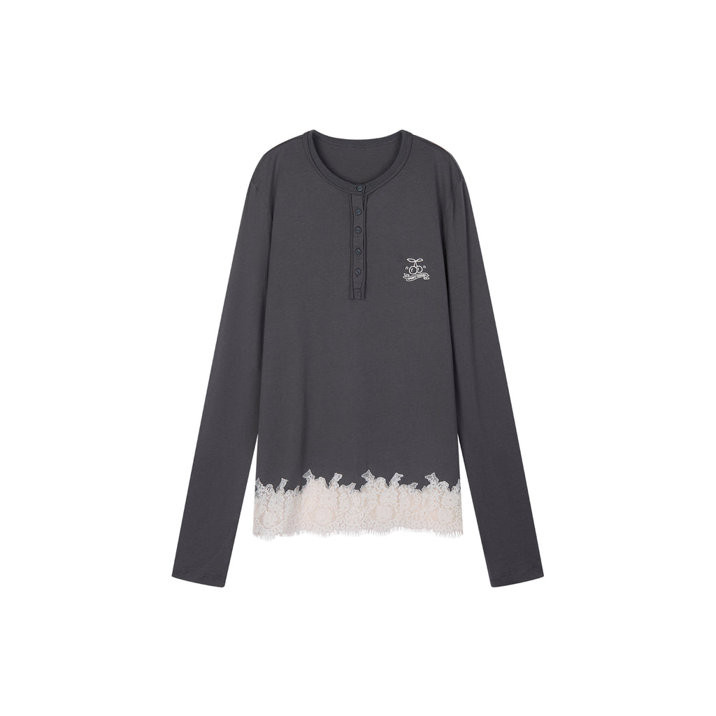 Sporty Cherry Embroidered Henley-Neck Sweatshirt