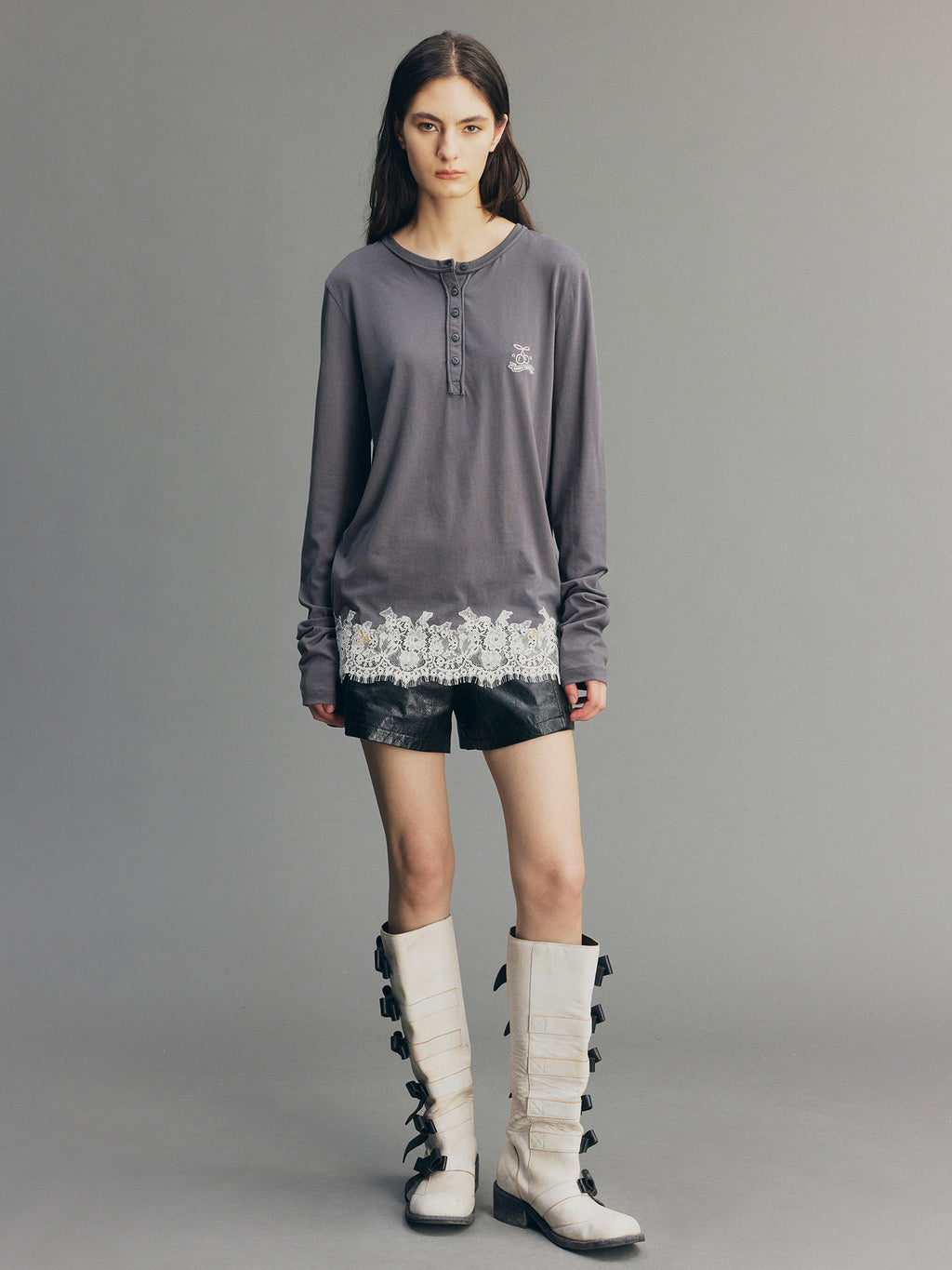 Sporty Cherry Embroidered Henley-Neck Sweatshirt