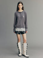 Sporty Cherry Embroidered Henley-Neck Sweatshirt