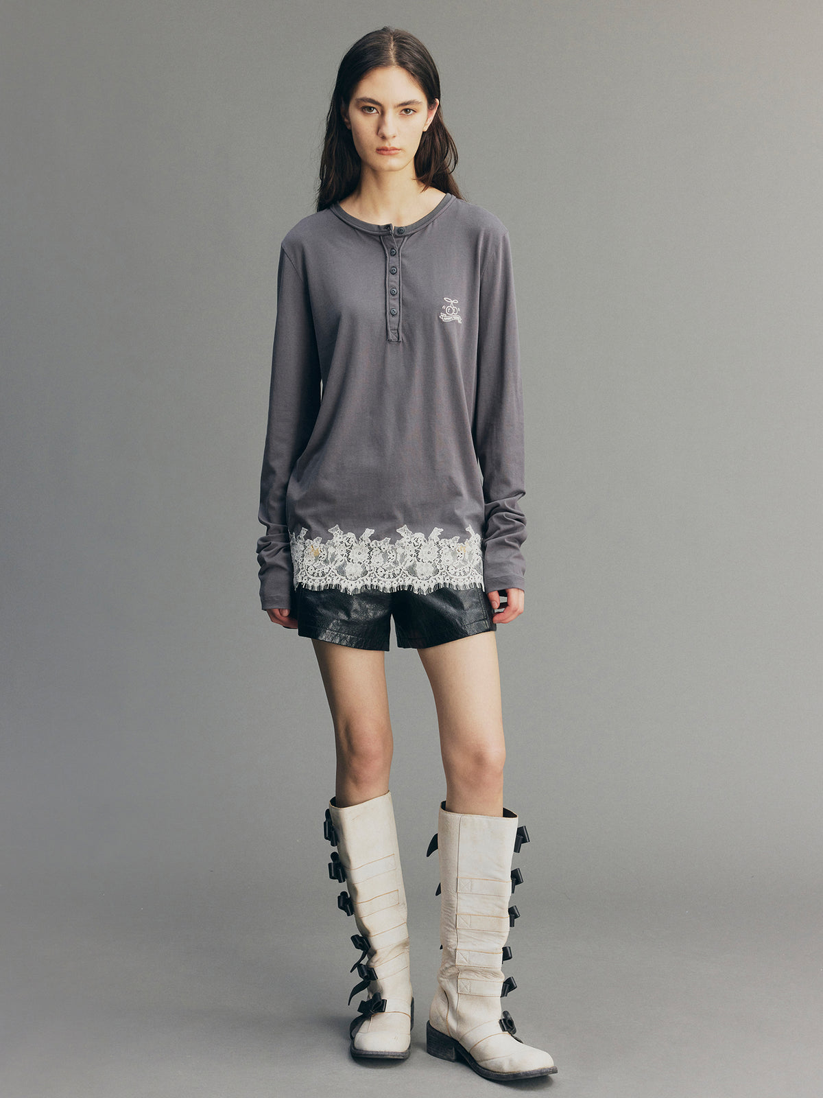 Sporty Cherry Embroidered Henley-Neck Sweatshirt