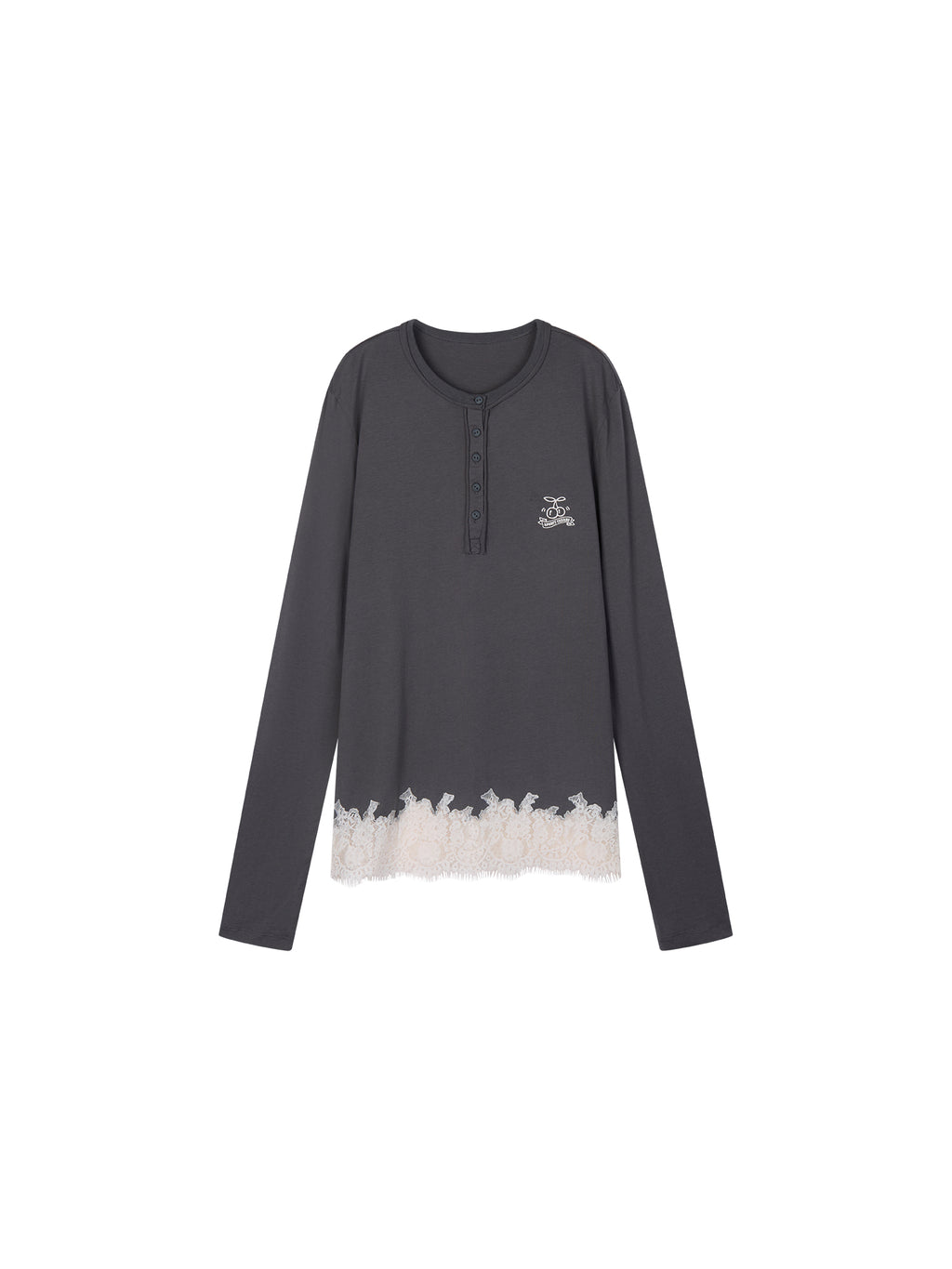Sporty Cherry Embroidered Henley-Neck Sweatshirt