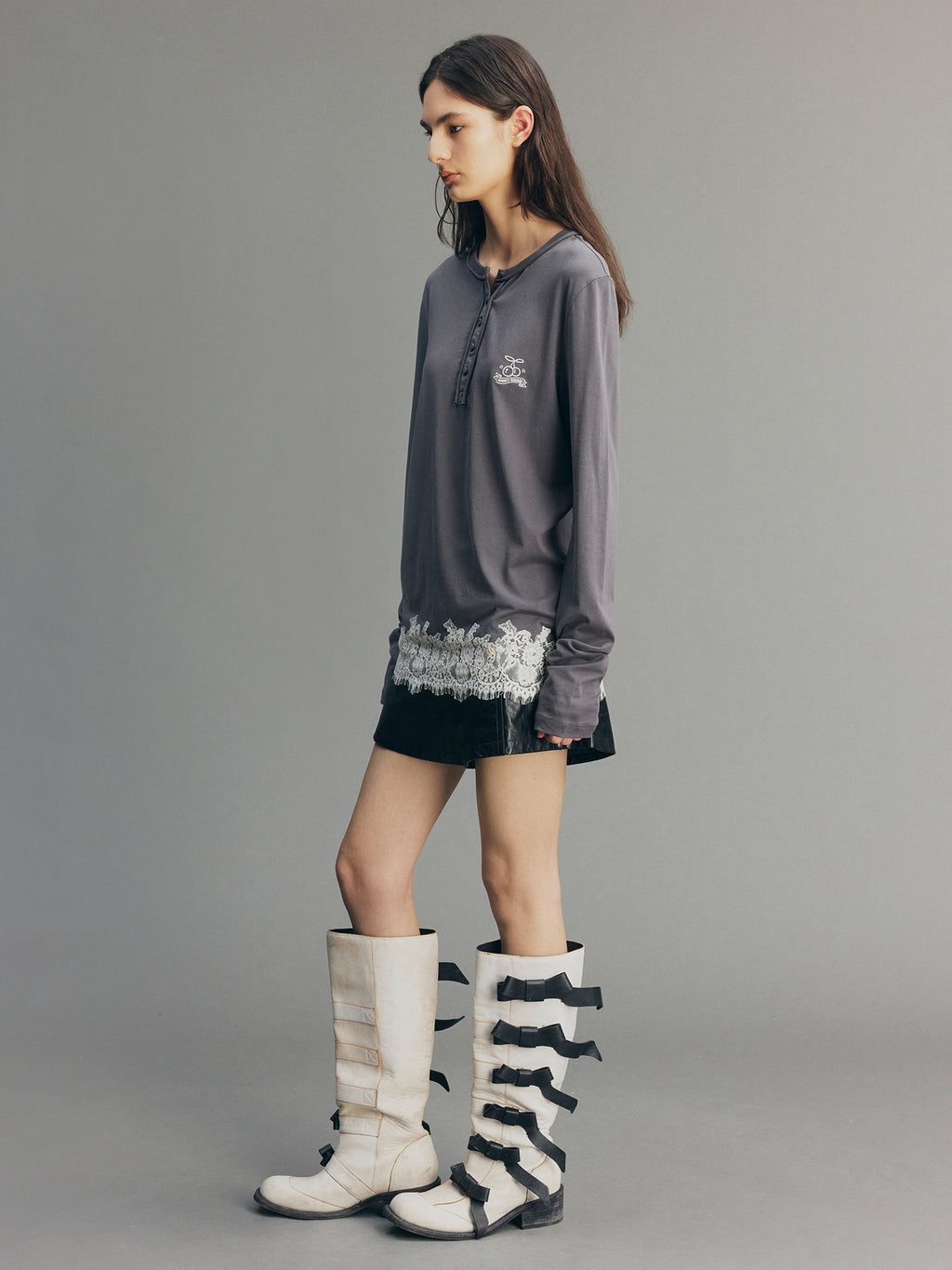 Sporty Cherry Embroidered Henley-Neck Sweatshirt
