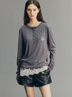 Sporty Cherry Embroidered Henley-Neck Sweatshirt