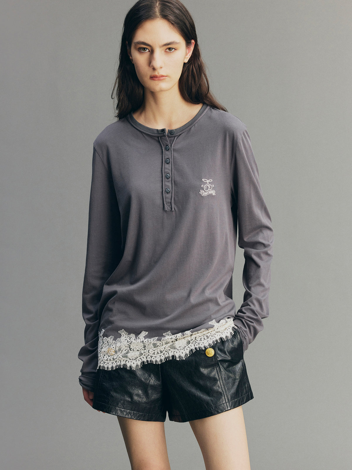 Sporty Cherry Embroidered Henley-Neck Sweatshirt
