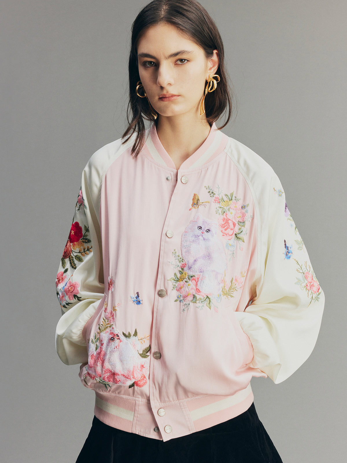 Fantasy Cat Embroidered Baseball Jacket