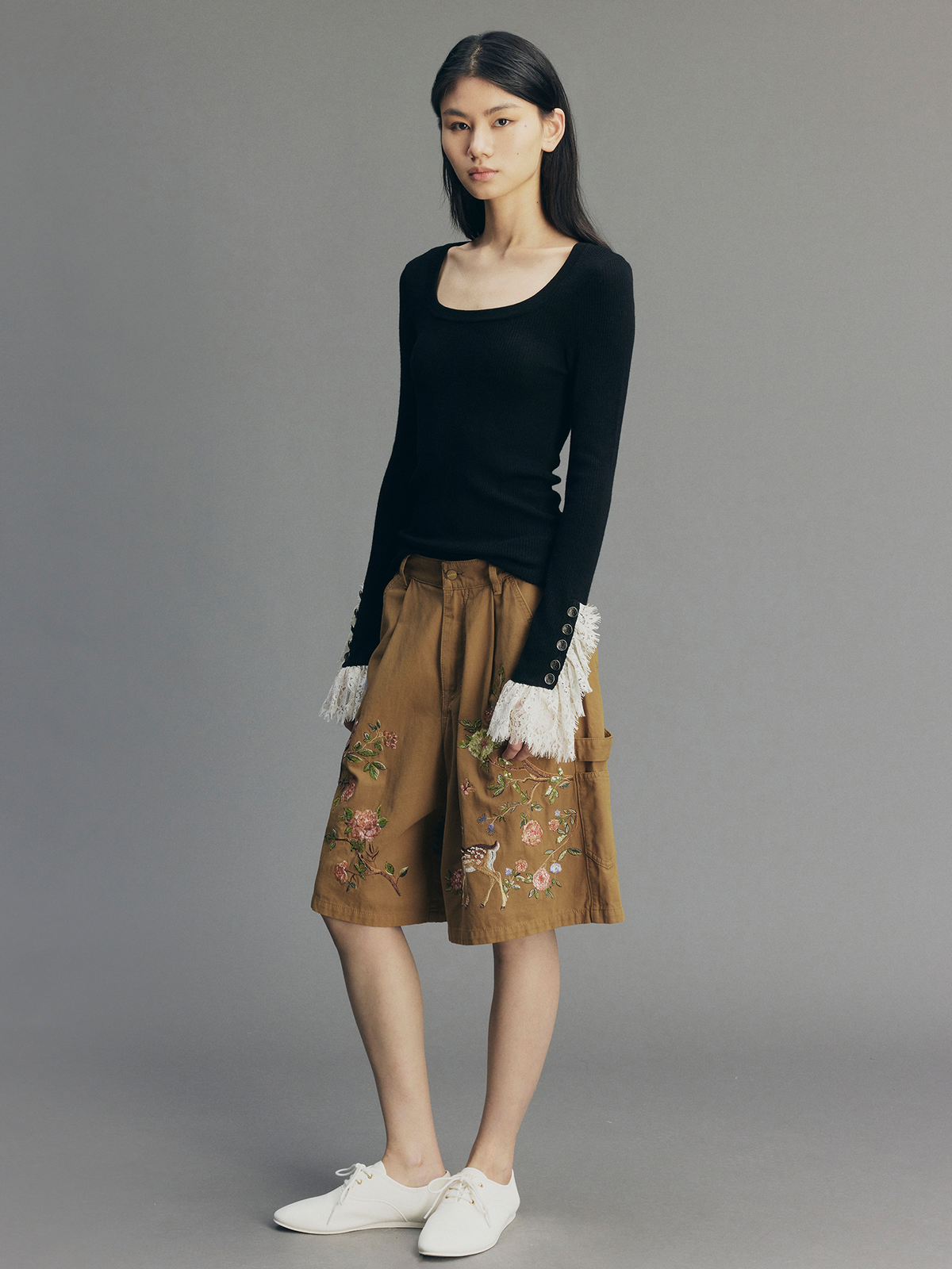 Beaded Floral Deer Embroidered Utility Shorts