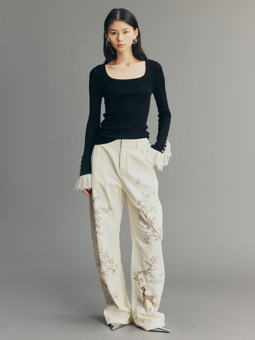 Beaded Floral Deer Washed Utility Jeans