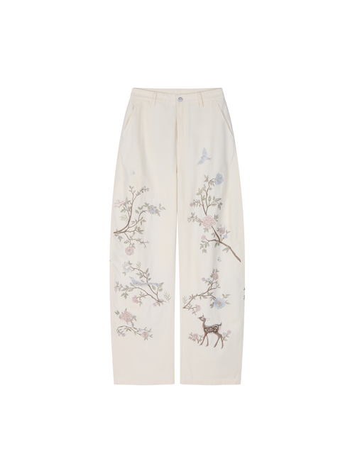 Beaded Floral Deer Washed Utility Jeans