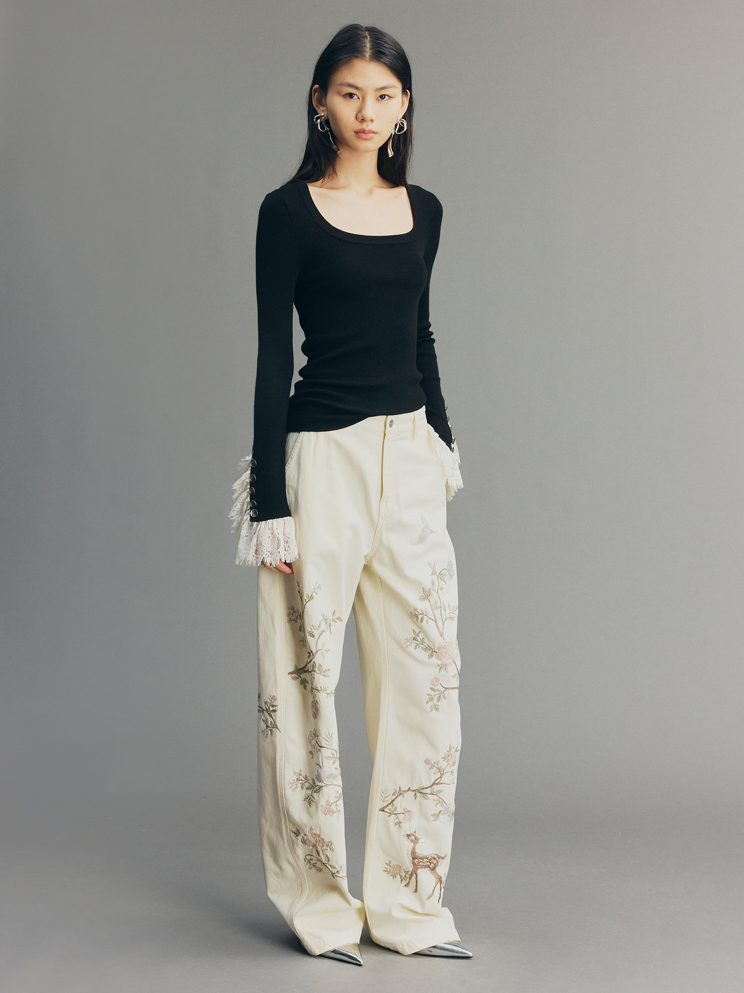Beaded Floral Deer Washed Utility Jeans