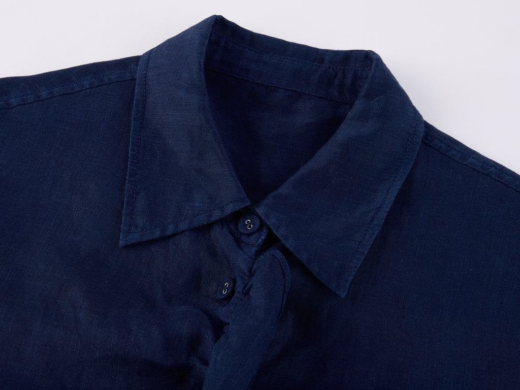 Indigo Ruffled Gathered Linen Shirt