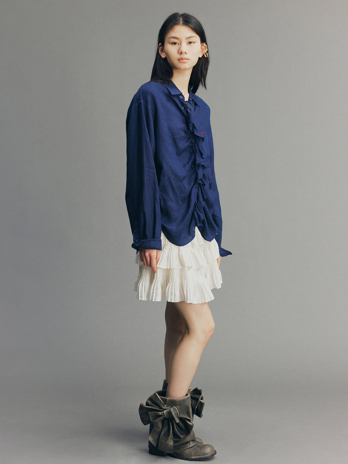 Indigo Ruffled Gathered Linen Shirt