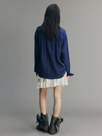 Indigo Ruffled Gathered Linen Shirt