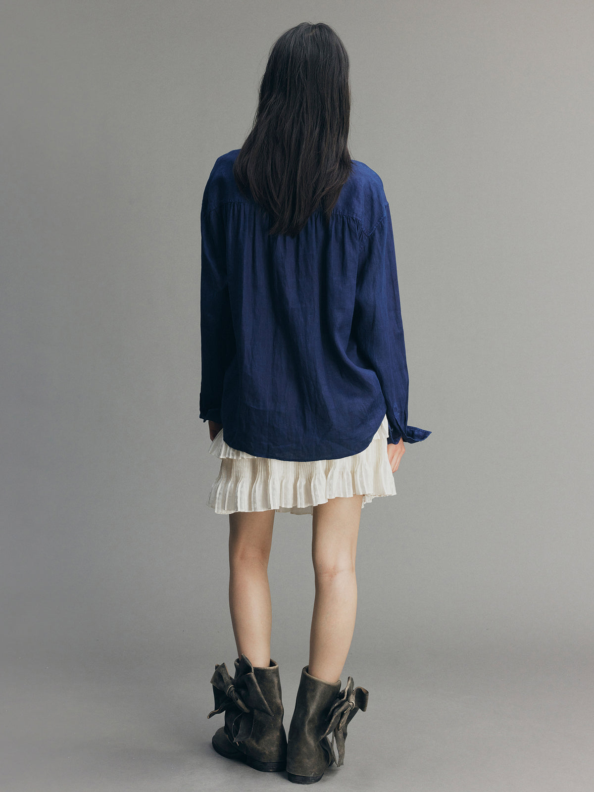 Indigo Ruffled Gathered Linen Shirt