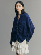 Indigo Ruffled Gathered Linen Shirt