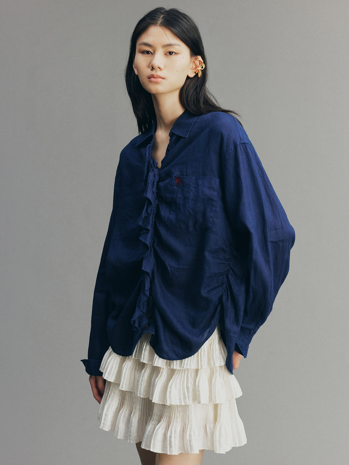 Indigo Ruffled Gathered Linen Shirt