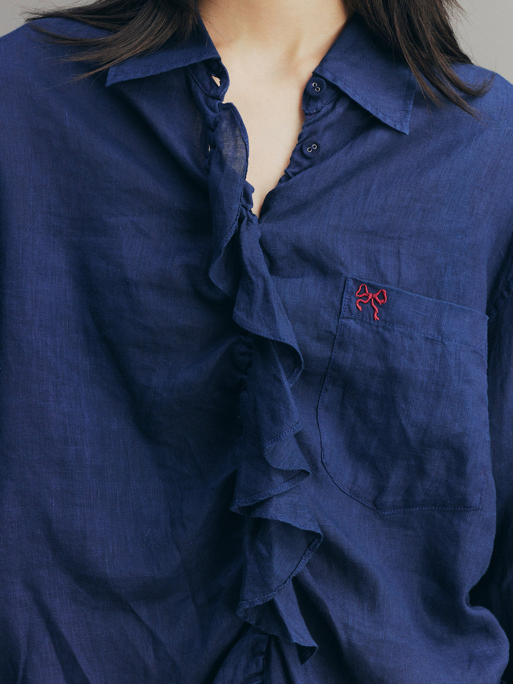 Indigo Ruffled Gathered Linen Shirt