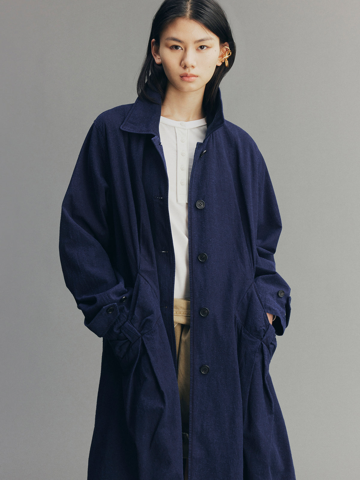 Handcrafted Indigo Bow Balmacaan Coat
