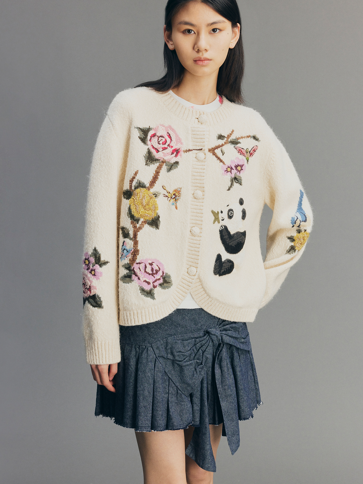 Beaded Crocheted Panda Floral Cardigan