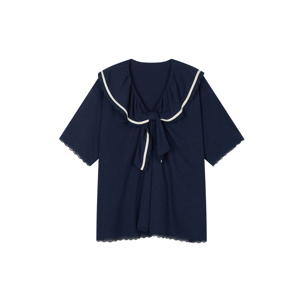 Bow Ruffle Sailor-Collar T-Shirt