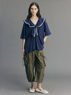 Bow Ruffle Sailor-Collar T-Shirt