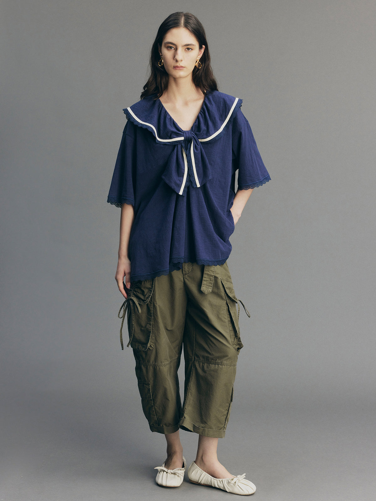 Bow Ruffle Sailor-Collar T-Shirt