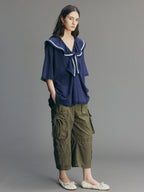 Bow Ruffle Sailor-Collar T-Shirt