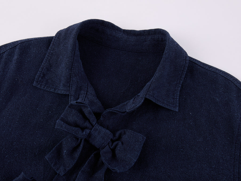 Indigo Bow Asymmetric Shirt Dress