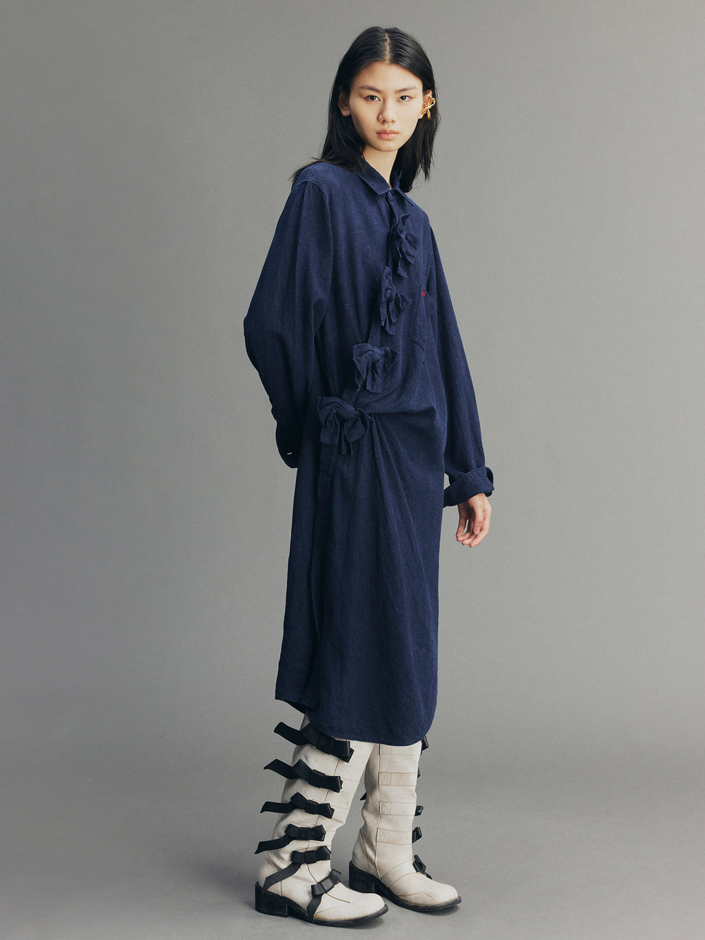 Indigo Bow Asymmetric Shirt Dress