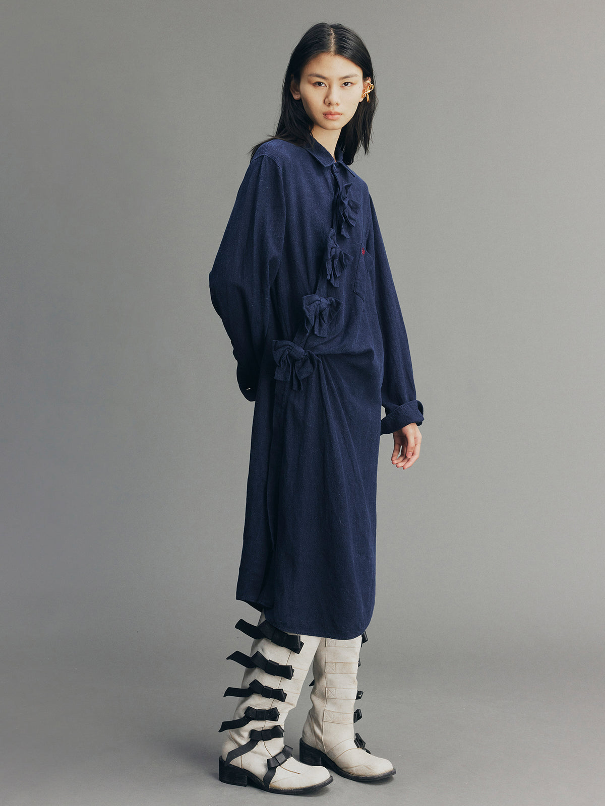 Indigo Bow Asymmetric Shirt Dress