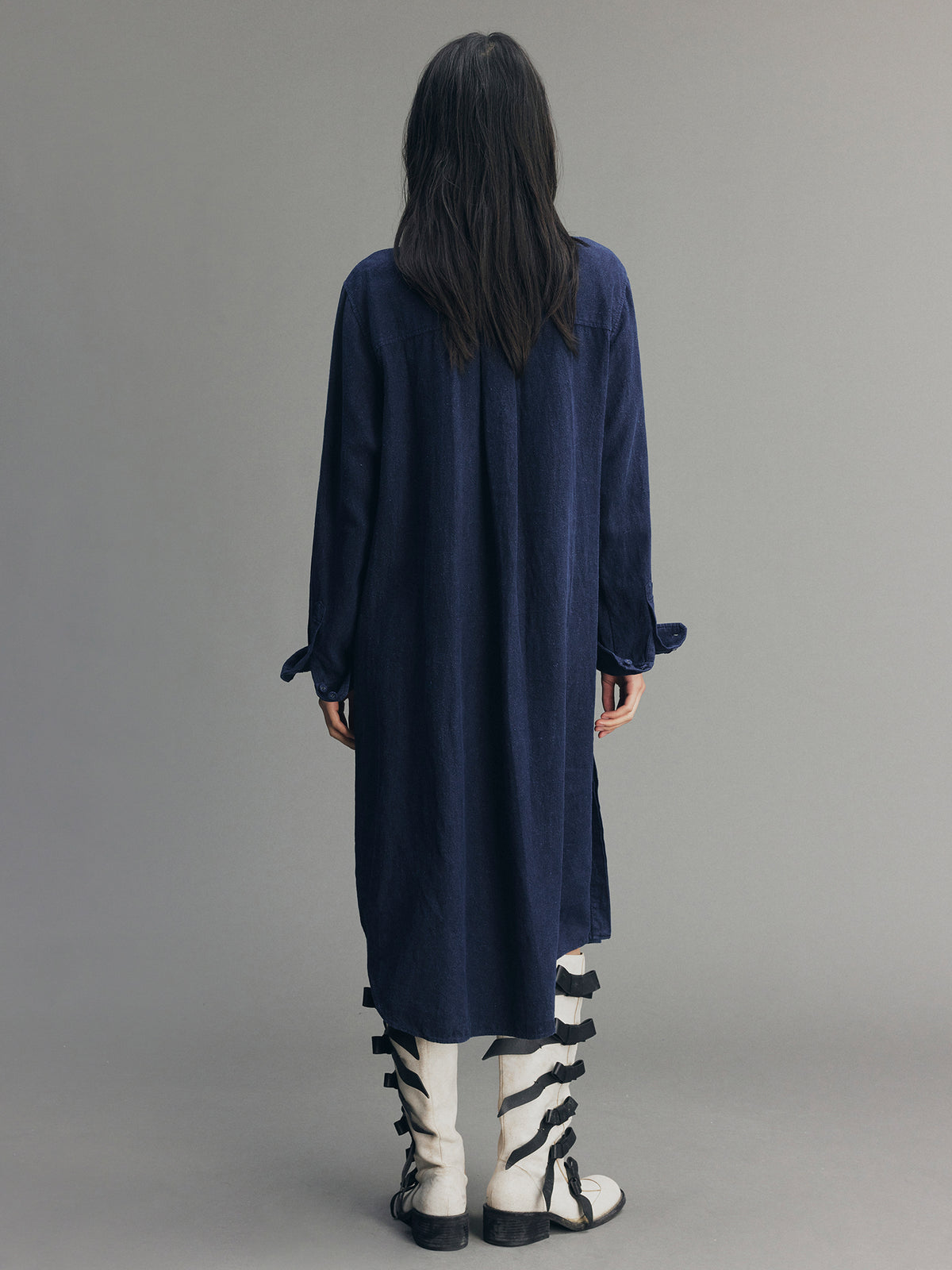 Indigo Bow Asymmetric Shirt Dress