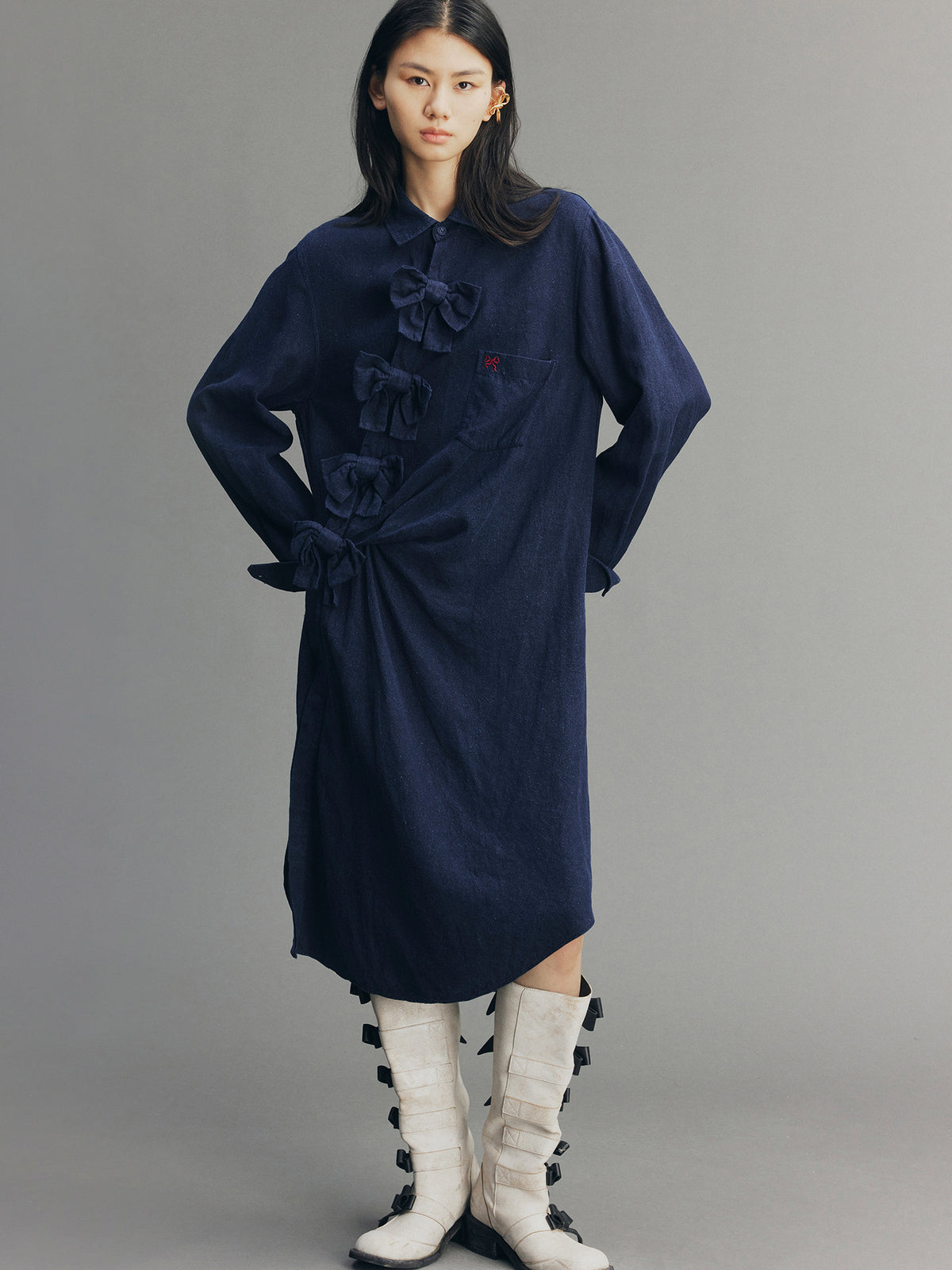 Indigo Bow Asymmetric Shirt Dress