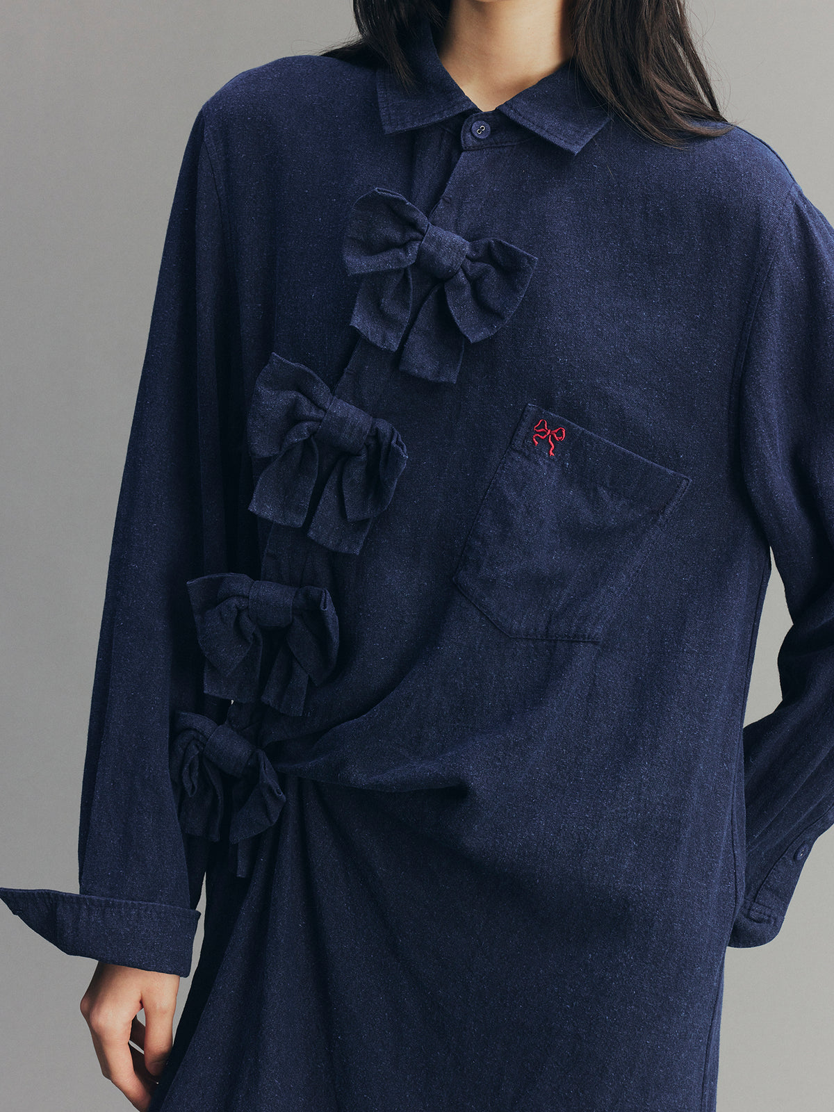 Indigo Bow Asymmetric Shirt Dress