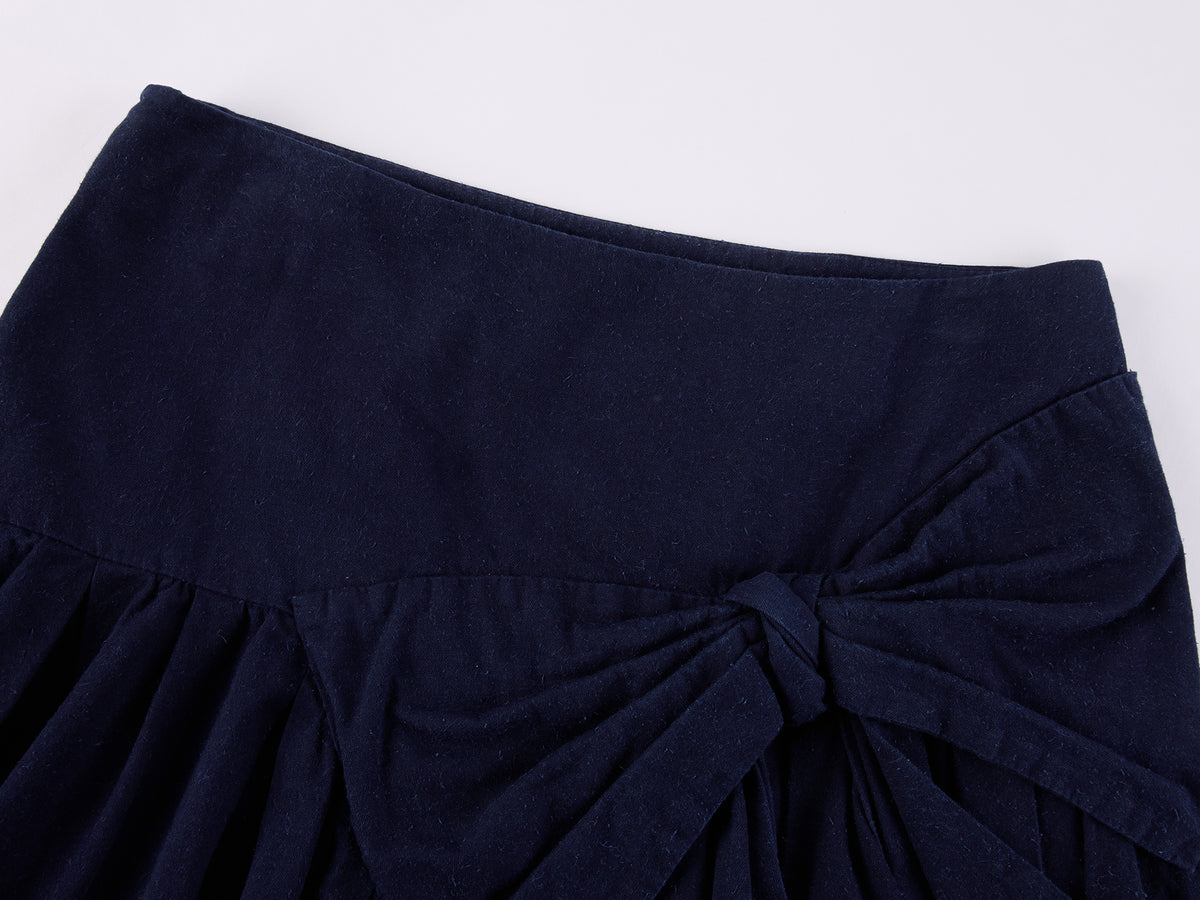 Hand-Pleated Indigo Bow A-Line Skirt