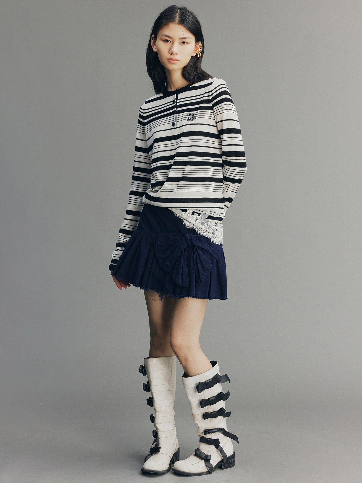 Hand-Pleated Indigo Bow A-Line Skirt