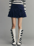 Hand-Pleated Indigo Bow A-Line Skirt